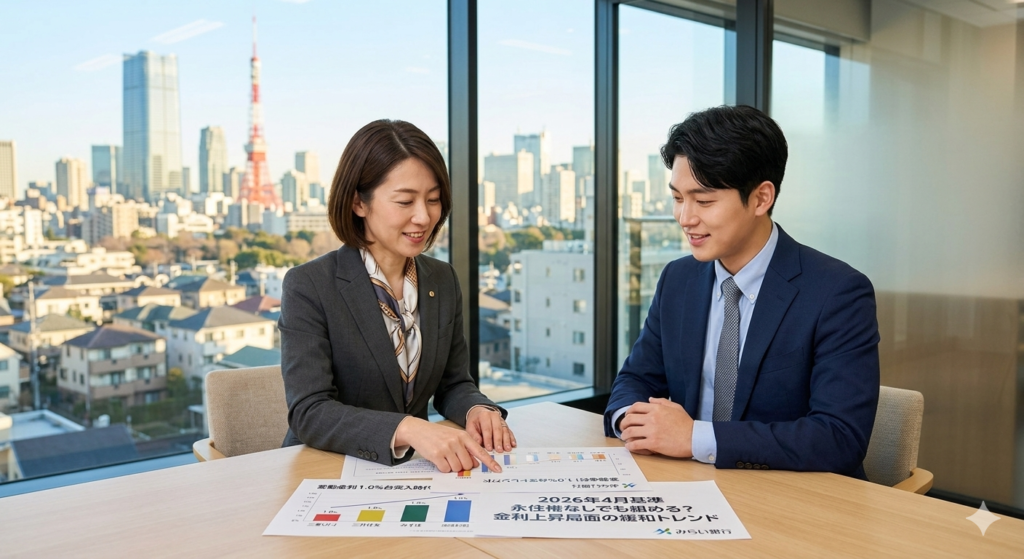 Tokyo bank housing loan consultation for foreigners in April 2026 with financial charts and Tokyo Tower view